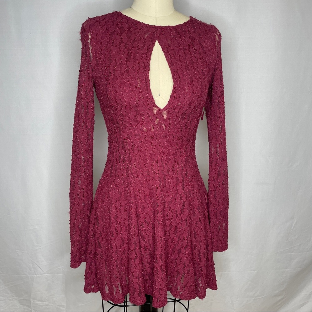 Free People burgundy floral lace short skater dress with cutout and long sleeves
